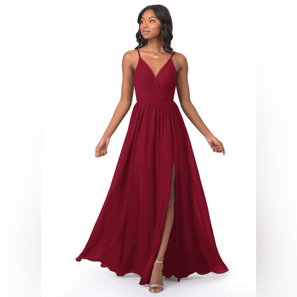Azazie Gracie burgundy bridesmaid dress a-line, tie-back, chiffon floor length
